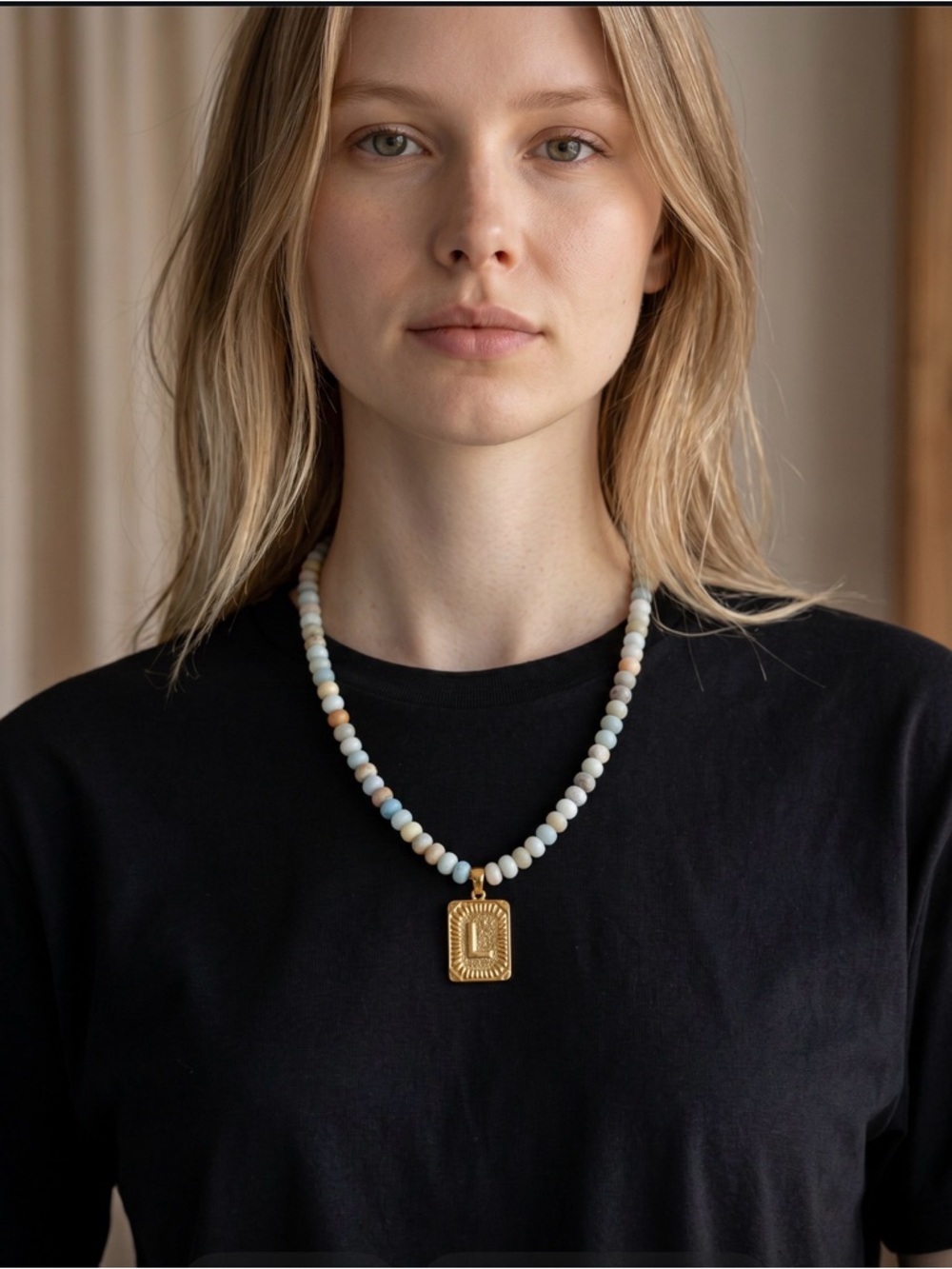 Cape Diablo Gold 'L' Beaded Necklace Cream, Light Blue & Gold 16” & 2” extender